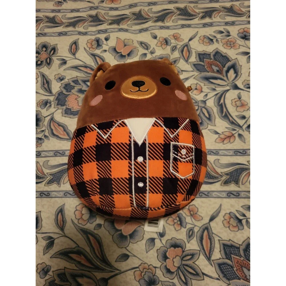 Squishmallows Brown Bear Plush Stuffed Animal Orange Plaid Shirt